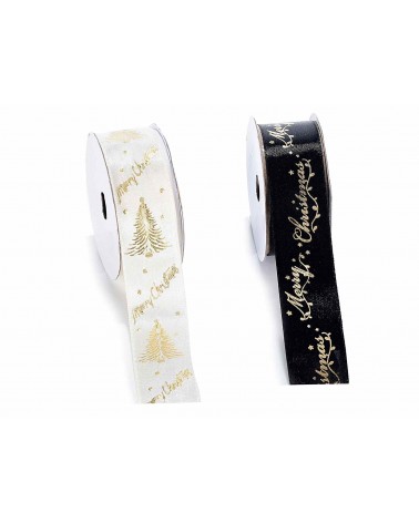 Satin Ribbon with Golden Christmas Print - 2 Pieces -  - 