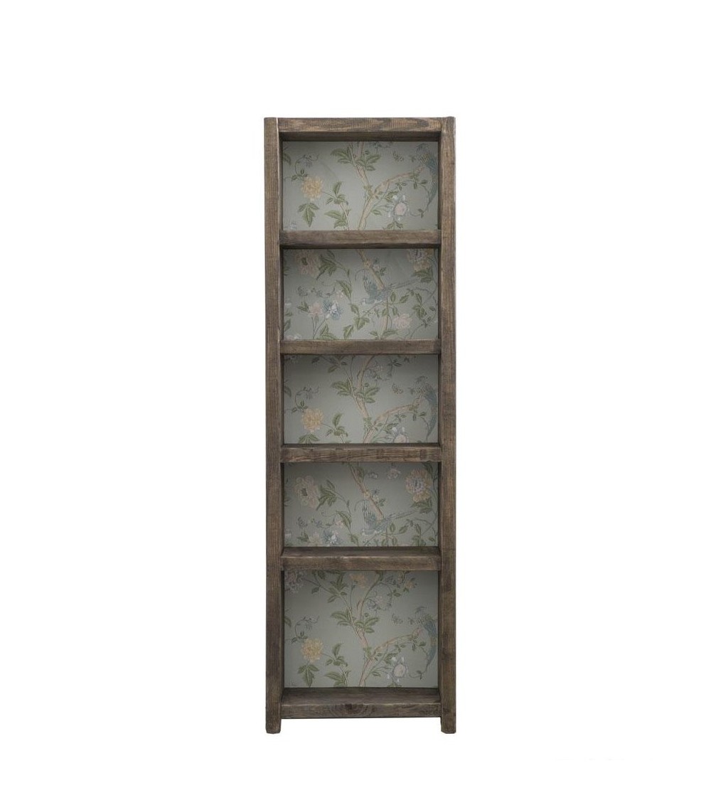 Narrow Bookcase in Reclaimed Wood and Aqua Green Flowers -  - 