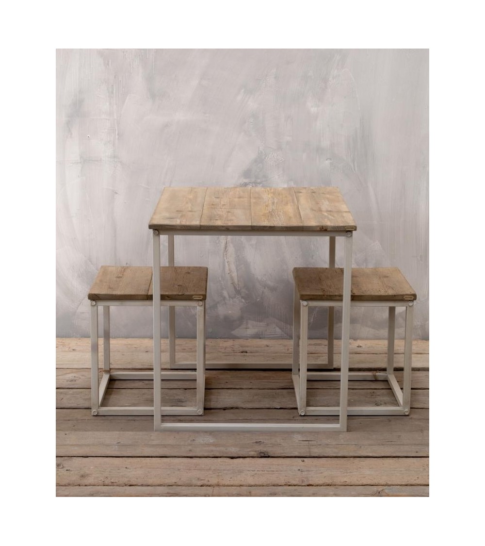 Table and 2 Stools Set in Reclaimed Wood and White Iron -  - 