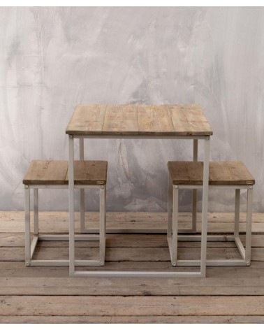 Table and 2 Stools Set in Reclaimed Wood and White Iron -  - 