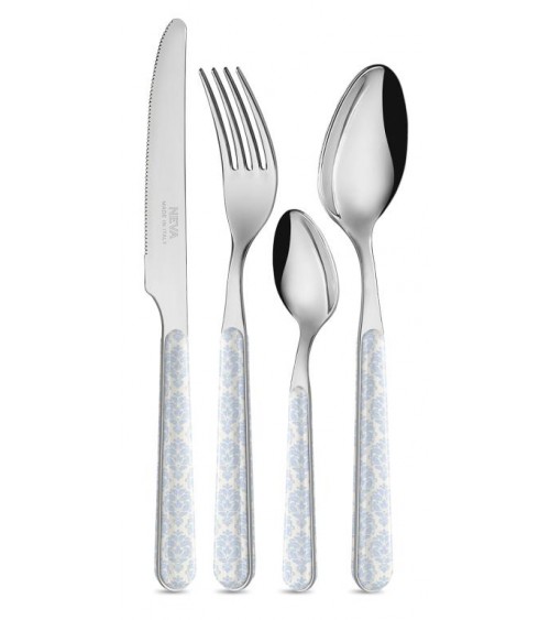 24-Piece Shabby Chic Cutlery Set - Ivory Blue Damask