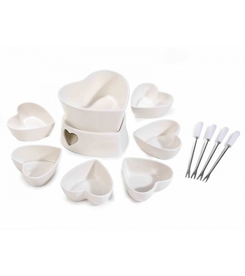 Service à fondue cœur en porcelaine avec fourchettes - 