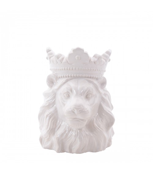 Sculpture Tête de Lion avec Couronne en Céramique Blanche - 