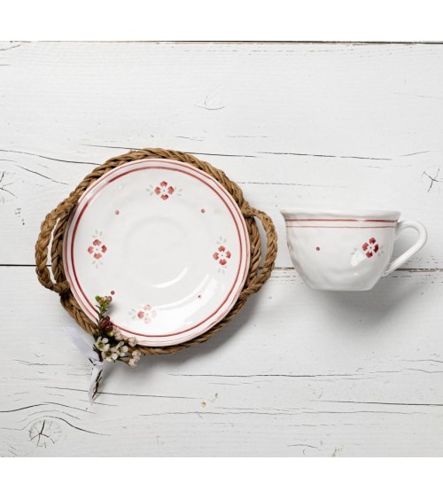 Shabby Chic Teacup and Saucer Decorated with Red Flowers - Luxe Lodge