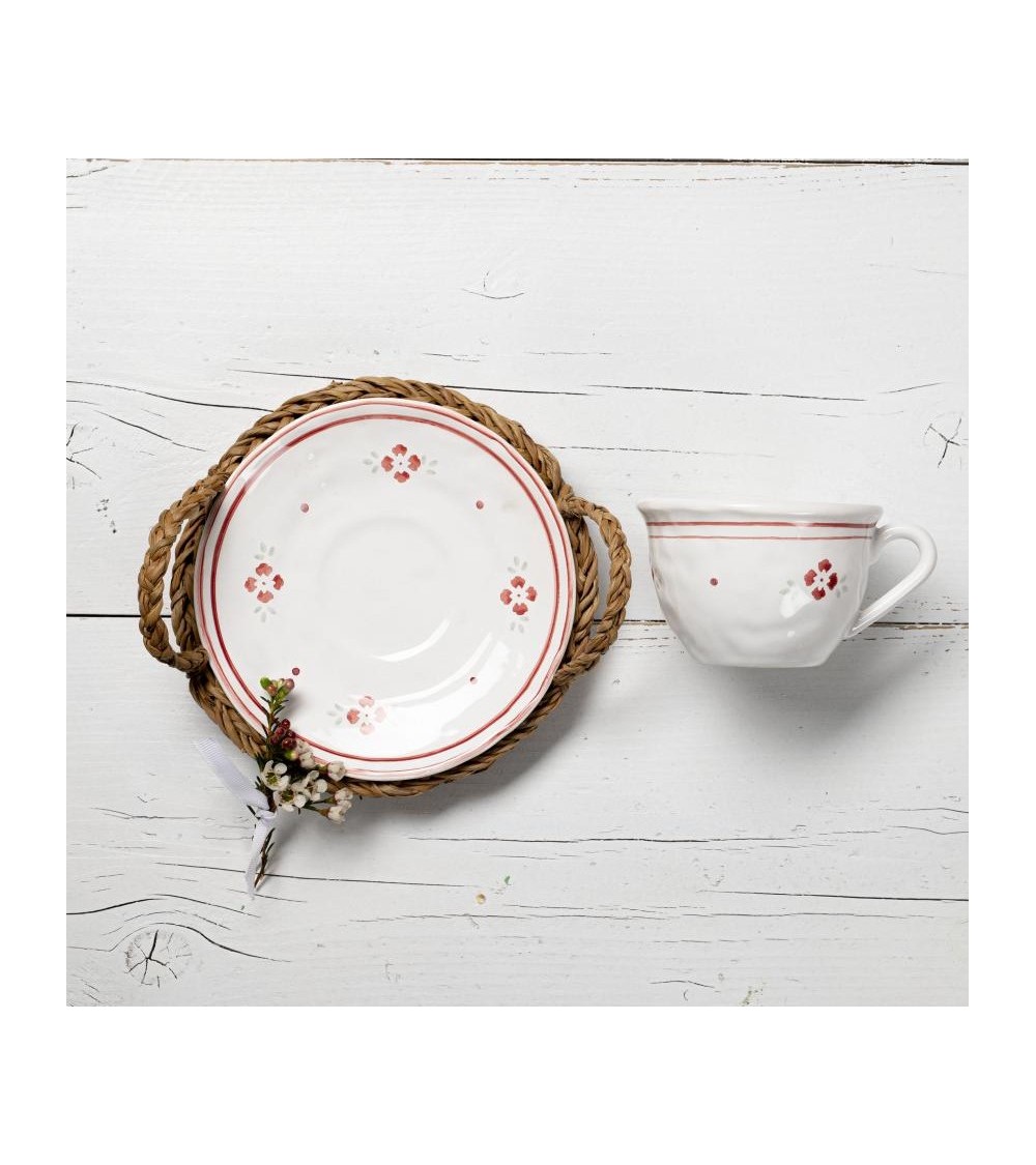 Tazza da Tè con Piattino Stile Country Decorata con Fiori Rossi - 