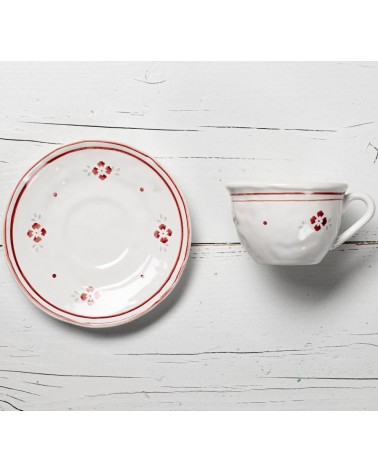 Country Style Teacup and Saucer Decorated with Red Flowers -  - 