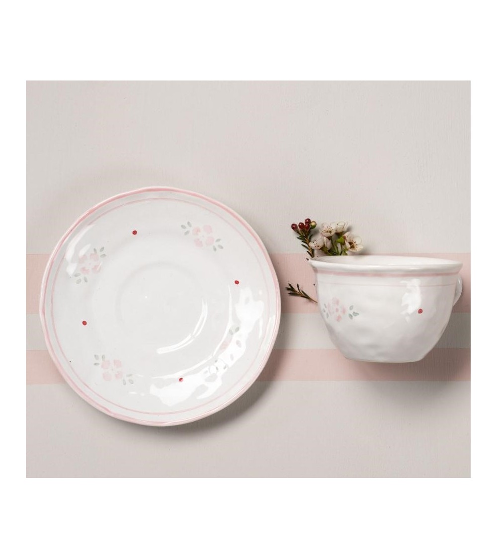 Tazza con Piattino in Ceramica Bianca Stile Provenzale Decorata con Fiori Rosa - 