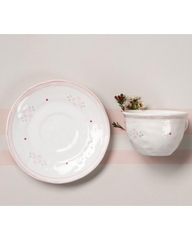 Tasse et soucoupe en céramique blanche de style provençal à décor de fleurs roses - 