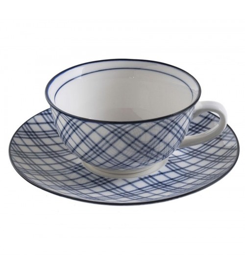 Cup with ceramic plate with blue geometric decorations "Blue Tartan"