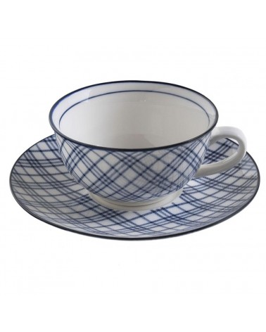 Cup with ceramic plate with blue geometric decorations "Blue Tartan" Country Style -  - 