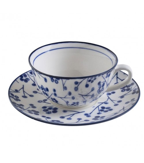 Cup with ceramic plate decorated with "blue blossom" blue buds