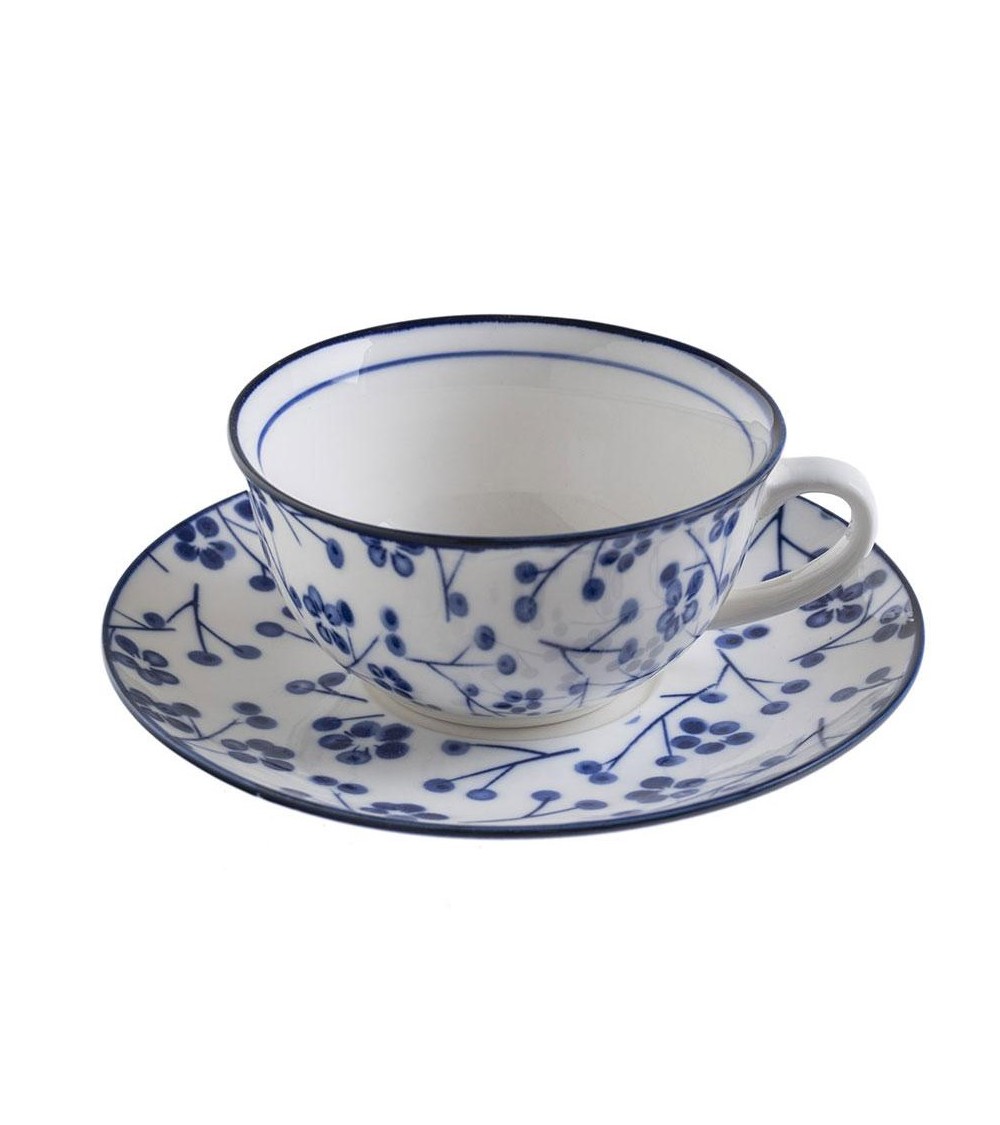 Tazza con Piatto in Ceramica Decorata con Boccioli  Blu "Blue Blossom " - 