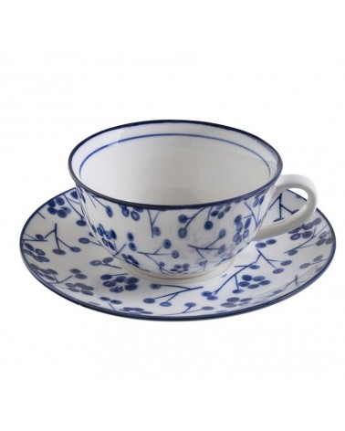 Cup with ceramic plate decorated with "blue blossom" blue buds -  - 