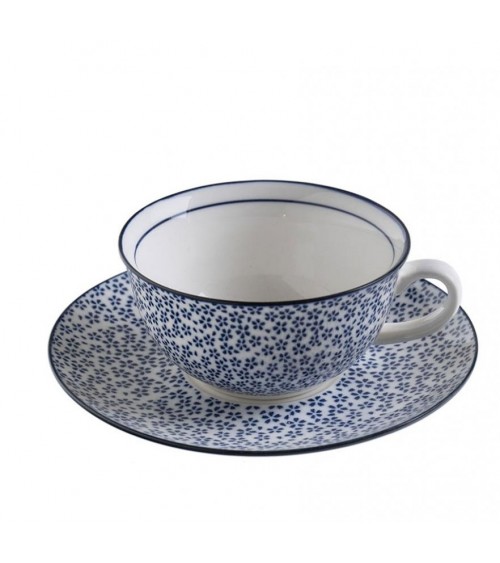 Cup with ceramic plate decorated with "Japanese Spring" blue flower flower