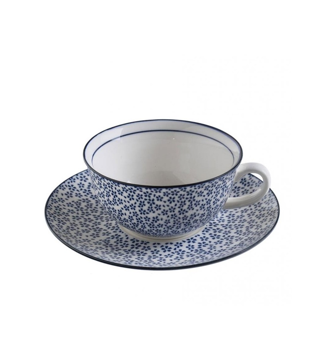 Cup with ceramic plate decorated with "Japanese Spring" blue flower flower " -  - 