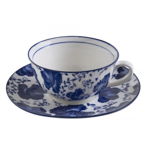 Tazza con Piatto in Ceramica Decorata con Gigli Blu "Blue Spring " Shabby Chic - 