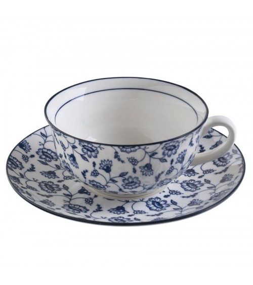 Tasse avec assiette en céramique décorée avec "Blue Elegance" Blue Margherite "Shabby Chic