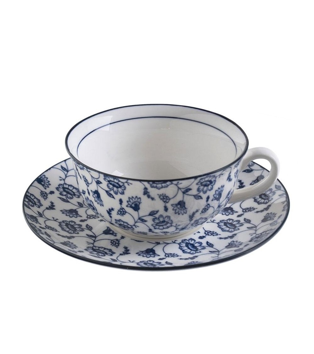 Tasse avec assiette en céramique décorée avec "Blue Elegance" Blue Margherite "Shabby Chic - 