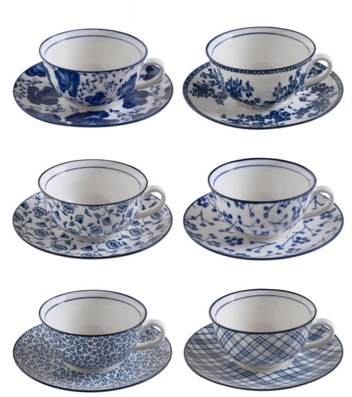 Service für 6 Tassen mit Keramikuntertasse mit weißen und blauen Shabby-Chic-Dekorationen - 