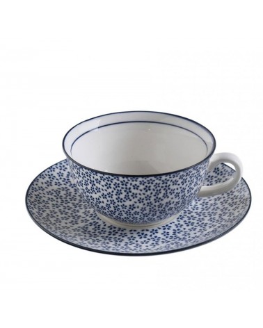 Service für 6 Tassen mit Keramikuntertasse mit weißen und blauen Shabby-Chic-Dekorationen - 