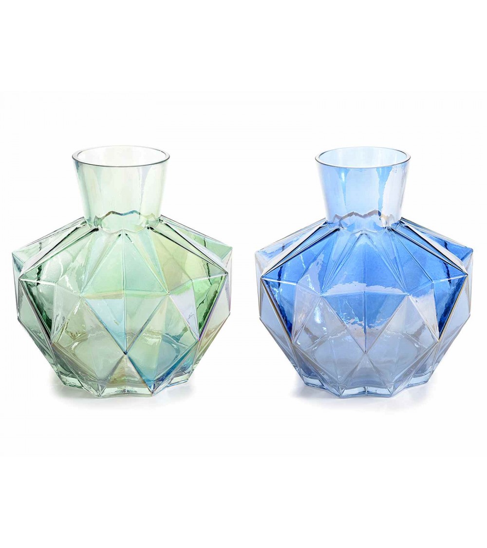 Set of 2 Geometric Vases in Green and Blue Colored Glass -  - 