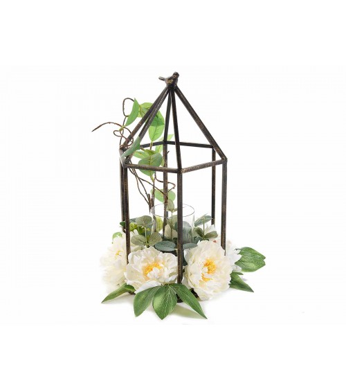 Metal Cage with White Peonies and Candle Holder