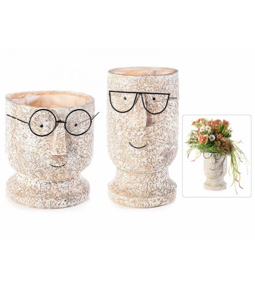 Set 2 Flower Vases in Resin with Face and Glasses -  - 
