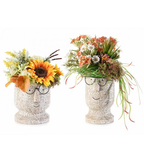 Set 2 Blumenvasen aus Harz mit Gesicht und Brille - 