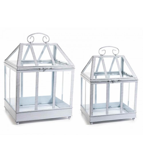Set 2 Mini Rectangular Greenhouses in White Metal -  - 