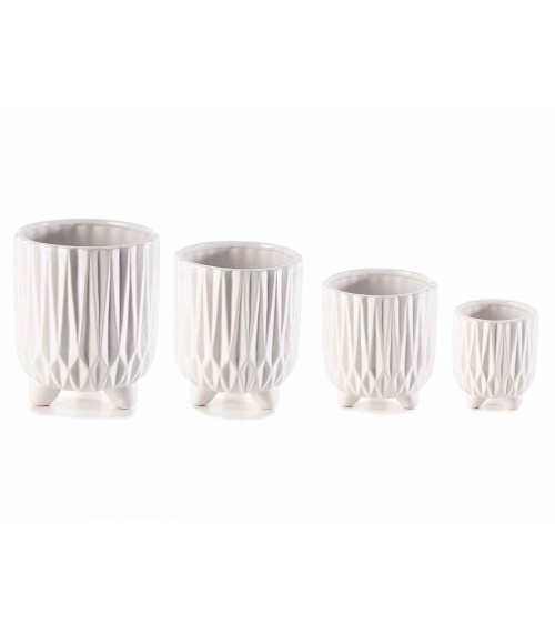Set of 4 Glossy Decorated White Ceramic Vases