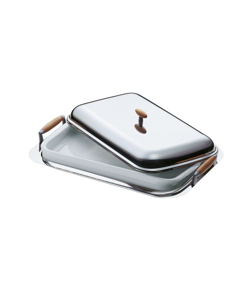 Rectangular Baking Dish in Polished Steel with Porcelain and Lid with Wooden Handles - Eme Posaterie -  - 