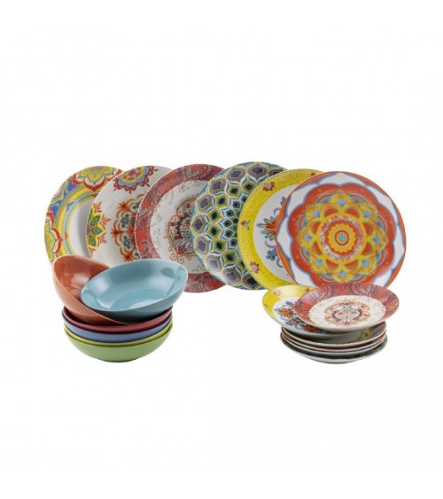 Service d'assiettes colorées modernes 18 pièces en porcelaine et grès, 6 décorations différentes, Toscane - Multicolore - 