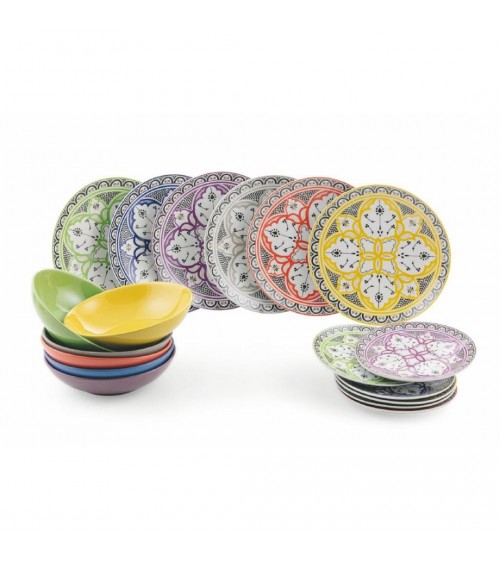 Service d'assiettes colorées modernes 18 pièces en porcelaine et grès, 6 décors différents, Zellige - Multicolore - 