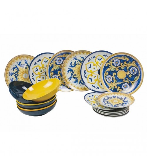 Service d'assiettes colorées modernes 18 pièces en porcelaine et grès, Zagara - Multicolore - 