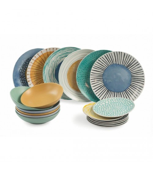 Service d'assiettes colorées modernes 18 pcs en porcelaine et grès, Ethnique - Multicolore - 