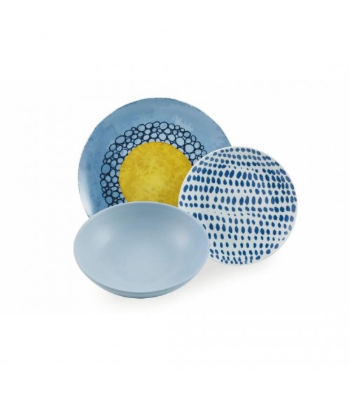 Modernes farbiges Tellerservice 18-tlg. aus Porzellan und Steinzeug, Ethno – Mehrfarbig - 