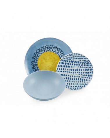 Modernes farbiges Tellerservice 18-tlg. aus Porzellan und Steinzeug, Ethno – Mehrfarbig - 