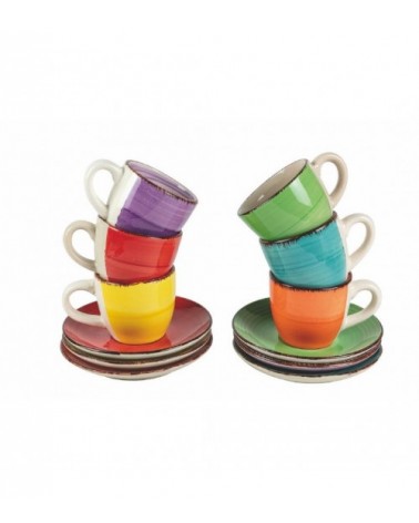 Set de 6 tasses à café 90 ml avec soucoupe en grès coloré peinte à la main, Baita - Multicolore - 