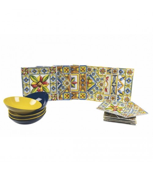 Modernes farbiges Tellerservice 18-teilig aus Porzellan und Steinzeug, 6 verschiedene Dekorationen, Kosten - 