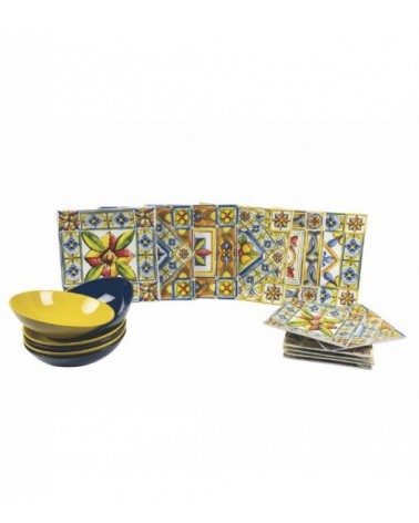 Service d'assiettes colorées moderne 18 pièces en porcelaine et grès, 6 décors différents, Prix - 