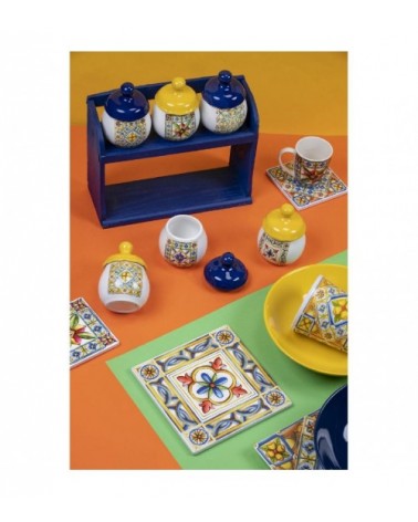 Modernes farbiges Tellerservice 18-teilig aus Porzellan und Steinzeug, 6 verschiedene Dekorationen, Kosten - 