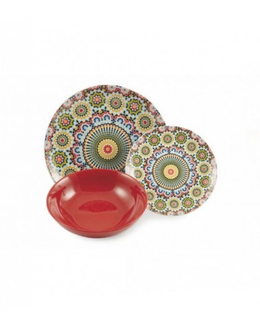 Modernes farbiges Tellerservice 18-tlg. aus Porzellan und Steinzeug, Majolika – Mehrfarbig - 
