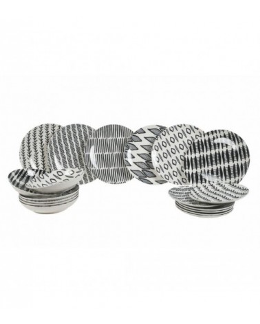 Modernes farbiges Tellerservice 18-teilig aus Porzellan, Tansania – Schwarz und Weiß - 