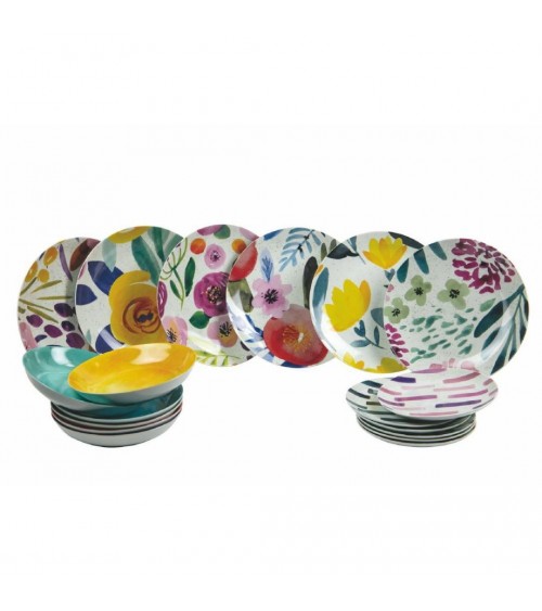 Modernes farbiges Tellerservice 18-tlg. aus Porzellan und Steinzeug, Flora – Mehrfarbig - 