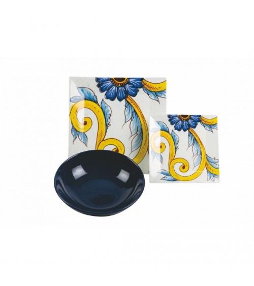 Modernes farbiges Tellerservice 18-teilig aus Porzellan und Steingut in 2 verschiedenen Dekoren, Amalfi – Mehrfarbig - 