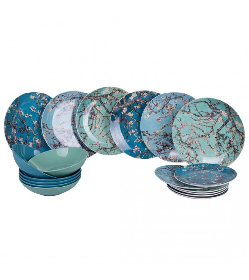 Modern Colored Plate Service 18 pcs in stoneware and new bone china Sakura - Blue -  - 