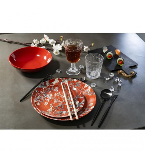 Modern Colored Plate Service 18 pcs in stoneware and new bone china Sakura - Red -  - 