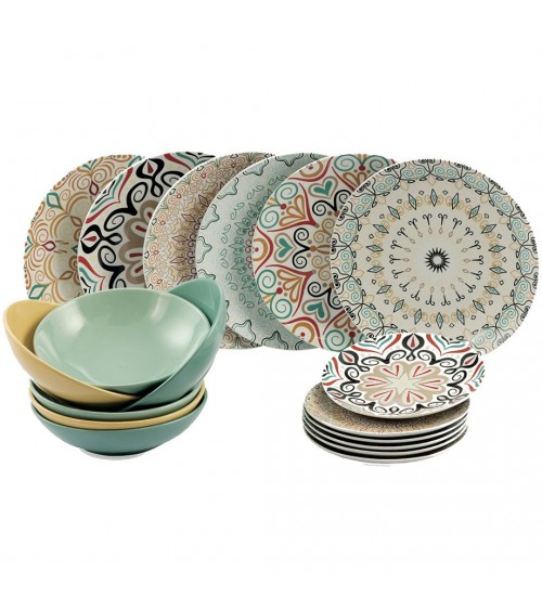 Service d'assiettes colorées modernes 18 pcs en porcelaine décorée, Sharm - Multicolore - 