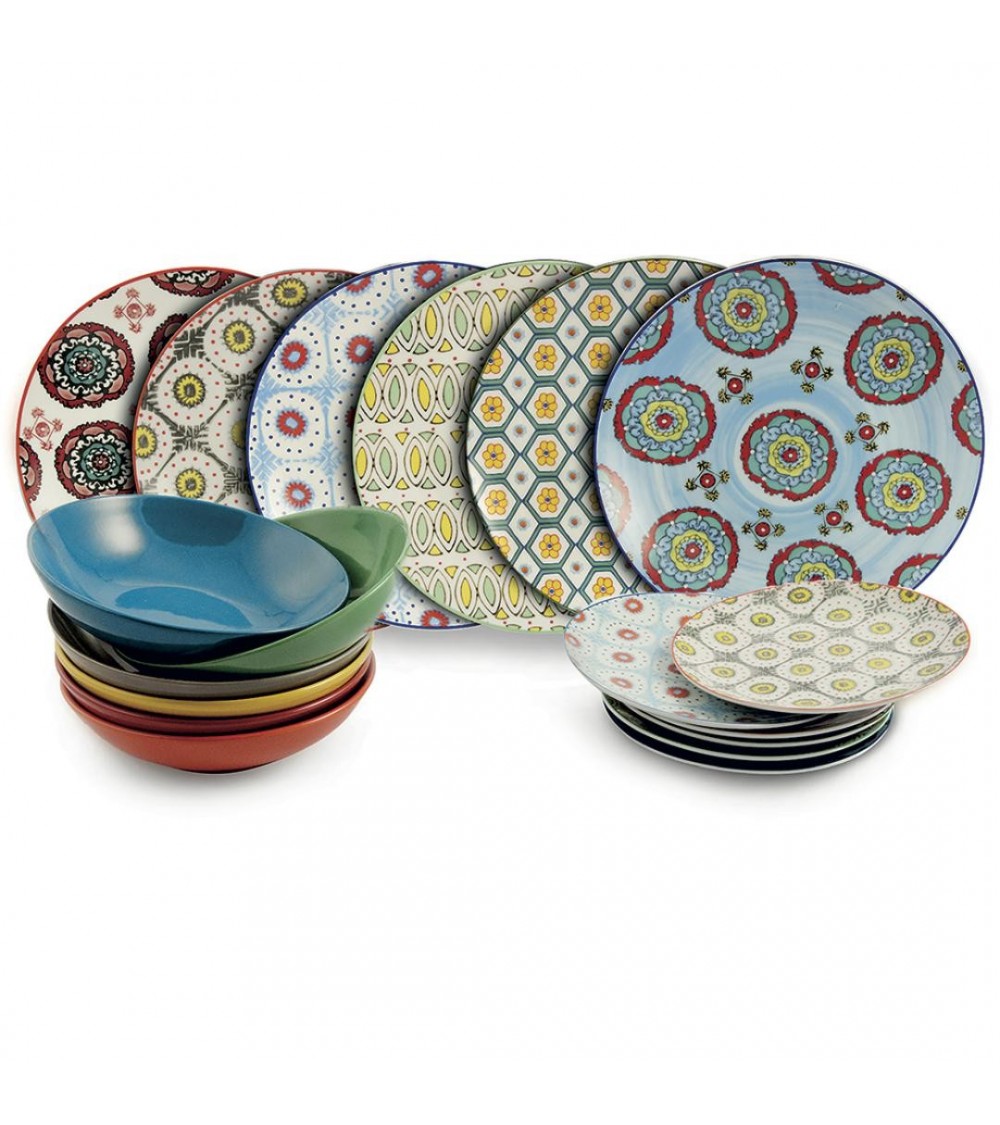 Modern Colored Plate Service 18 pcs in porcelain and stoneware, Bazar -  Multicolor