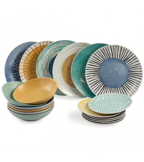 Modern Colored Plate Service 18 pcs in porcelain, Ethnic - Multicolor -  - 
